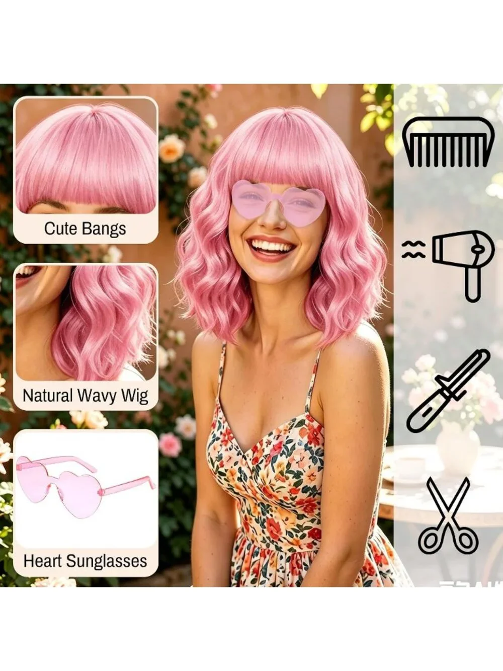 Women's Purple Curly Bob Synthetic Wigs Bangs With Neon Heart Sunglasses